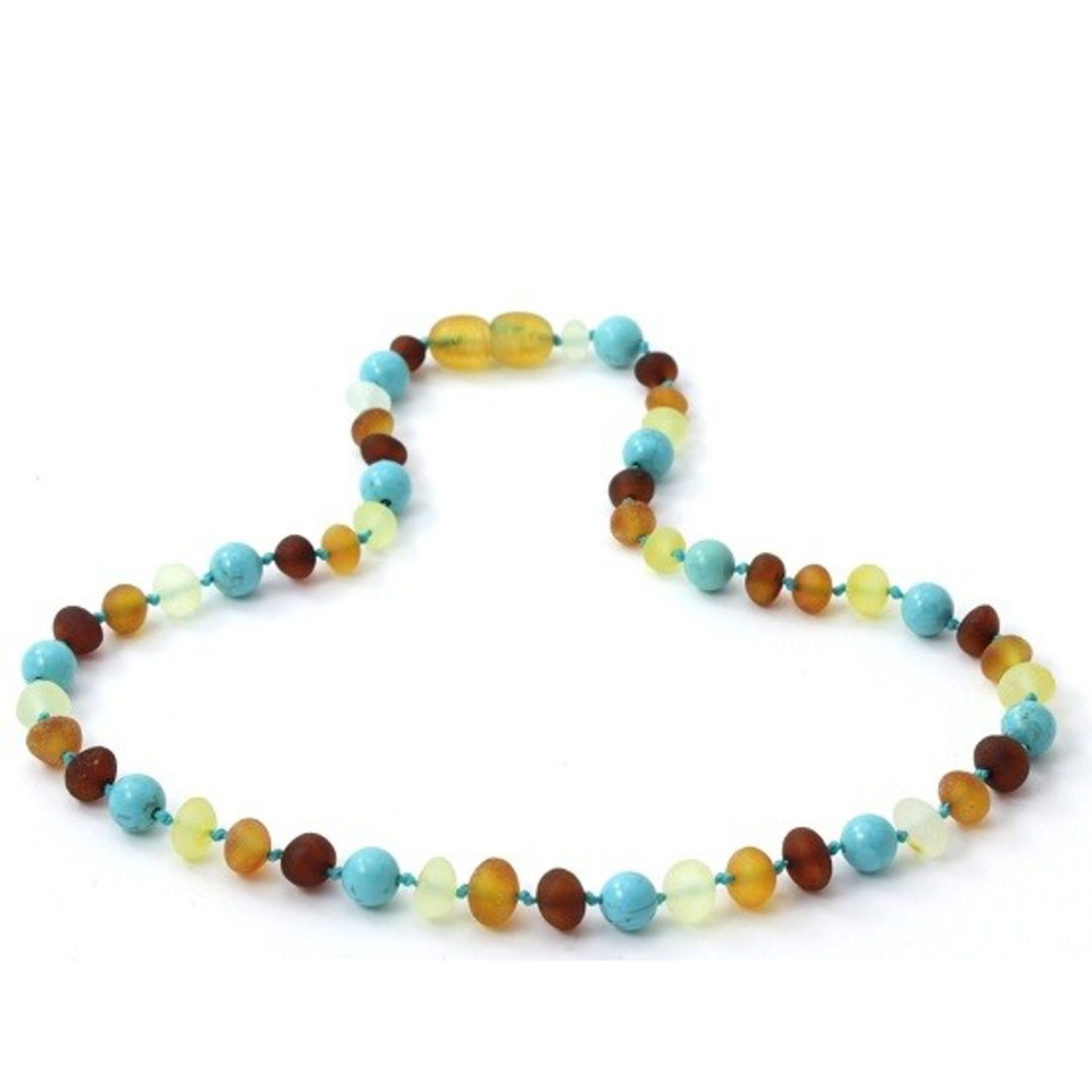 Amber Necklace Multi amber raw and Turquoise Baby 32cm Our Amber necklaces imported directly from Lithuania, the home of Baltic Amber and the Baltic Sea, where they are beautiful handmade. Baltic Amber necklaces help with teething symptoms as well as looking great.