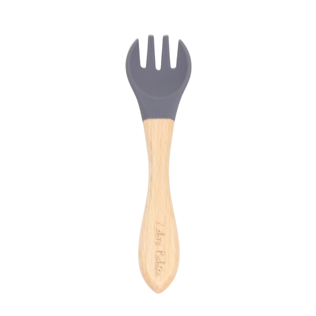 Baby Cutlery - Baby Led Weaning & Standards Spoon and Forks - CLEARANCE - Single Fork Silicone & Wood / Steel Grey