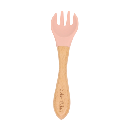 Baby Cutlery - Baby Led Weaning & Standards Spoon and Forks - CLEARANCE - Single Fork Silicone & Wood / Peach