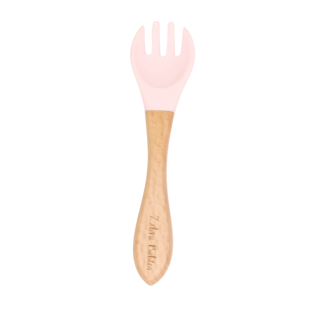 Baby Cutlery - Baby Led Weaning & Standards Spoon and Forks - CLEARANCE - Single Fork Silicone & Wood / Pink