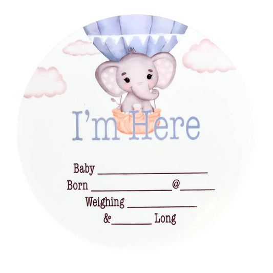 Birth Announcement Plaques - Elephant Balloon Blue Announce baby to the world in an extra special way with our birth announcement plaques. Babies name, date, weight, time of birth and length. These beautiful keepsakes can we drawn on with an ultra fine point permanent marker or whiteboard marker.