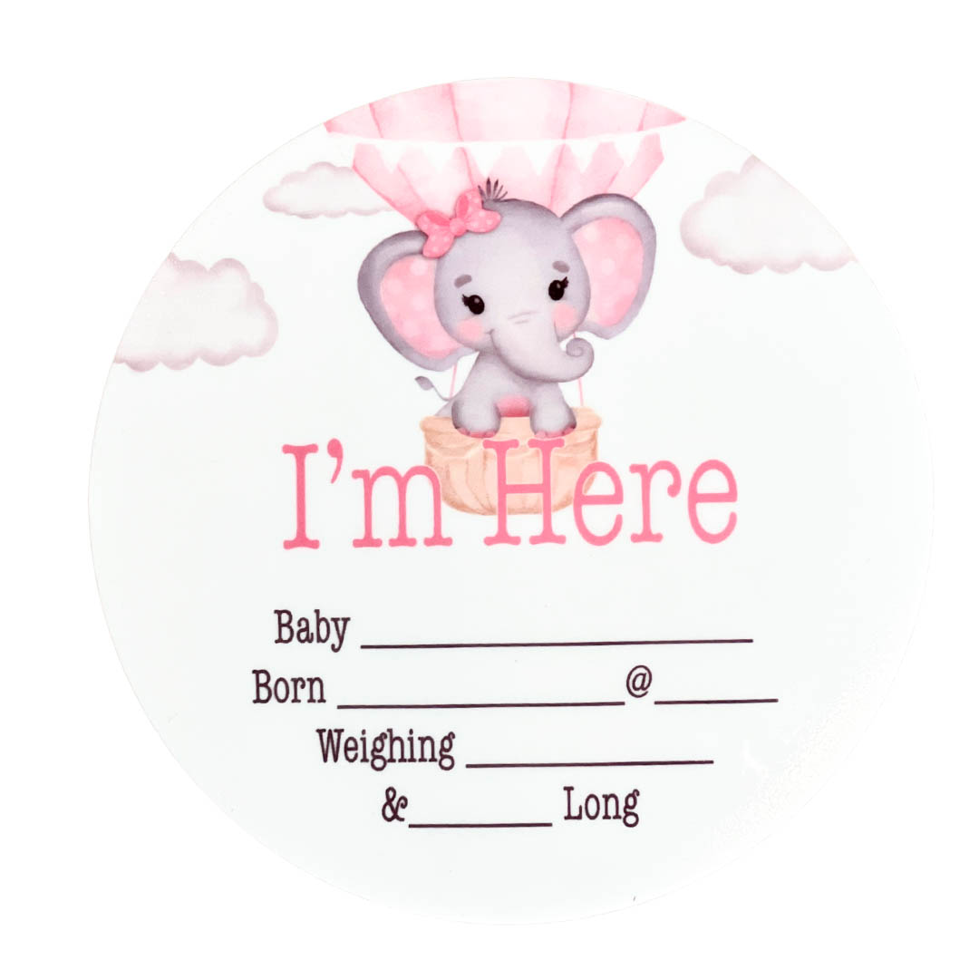 Birth Announcement Plaque elephant balloon pink Announce baby to the world in an extra special way with our birth announcement plaques. Babies name, date, weight, time of birth and length. These beautiful keepsakes can we drawn on with an ultra fine point permanent marker or whiteboard marker.