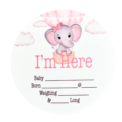 Birth Announcement Plaque elephant balloon pink Announce baby to the world in an extra special way with our birth announcement plaques. Babies name, date, weight, time of birth and length. These beautiful keepsakes can we drawn on with an ultra fine point permanent marker or whiteboard marker.