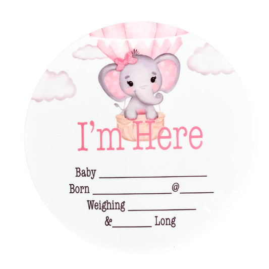 Birth Announcement Plaque elephant balloon pink Announce baby to the world in an extra special way with our birth announcement plaques. Babies name, date, weight, time of birth and length. These beautiful keepsakes can we drawn on with an ultra fine point permanent marker or whiteboard marker.