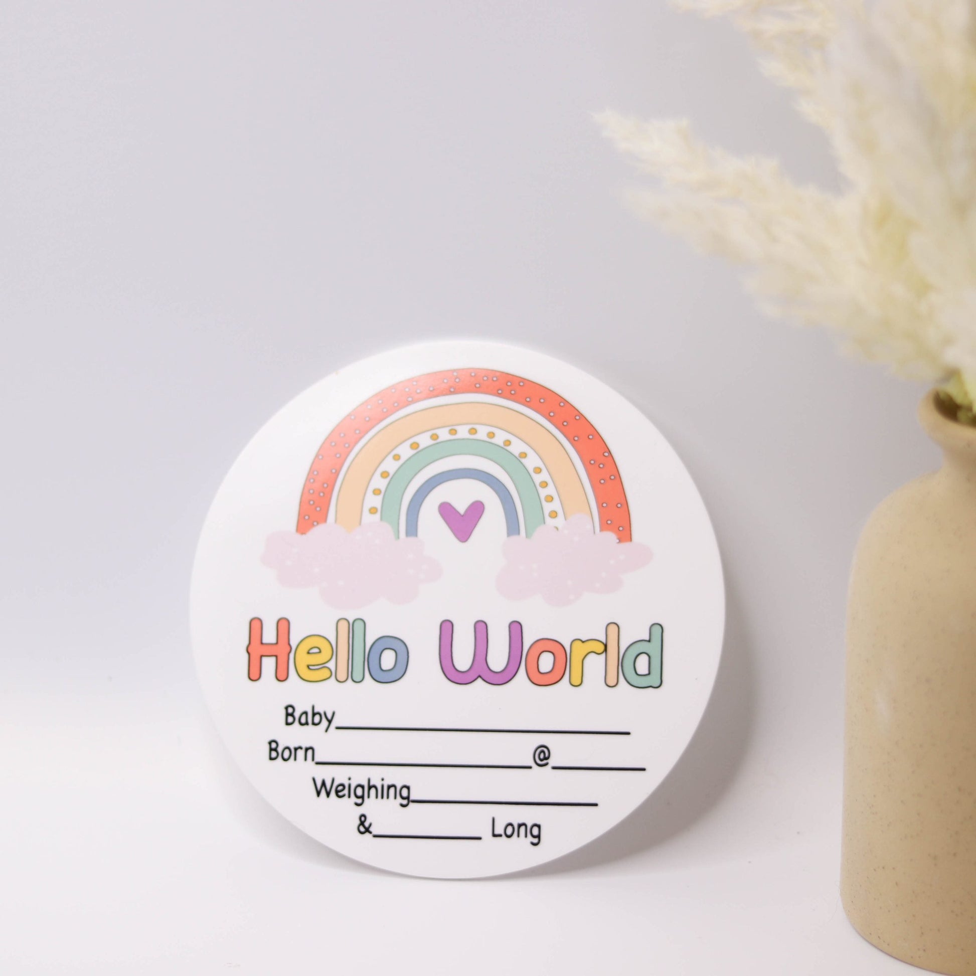 Birth Announcement Plaque rainbow pastel Announce baby to the world in an extra special way with our birth announcement plaques. Babies name, date, weight, time of birth and length. These beautiful keepsakes can we drawn on with an ultra fine point permanent m