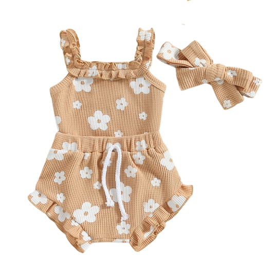 Daisy Romper and Bummies Set - Beige Baby outfit set including a white sleeveless bodysuit with pink floral pattern, matching shorts, and a bow headband