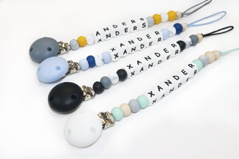 Dummy Clips Silicone Personalised Name Mint, Light Grey & Cream
