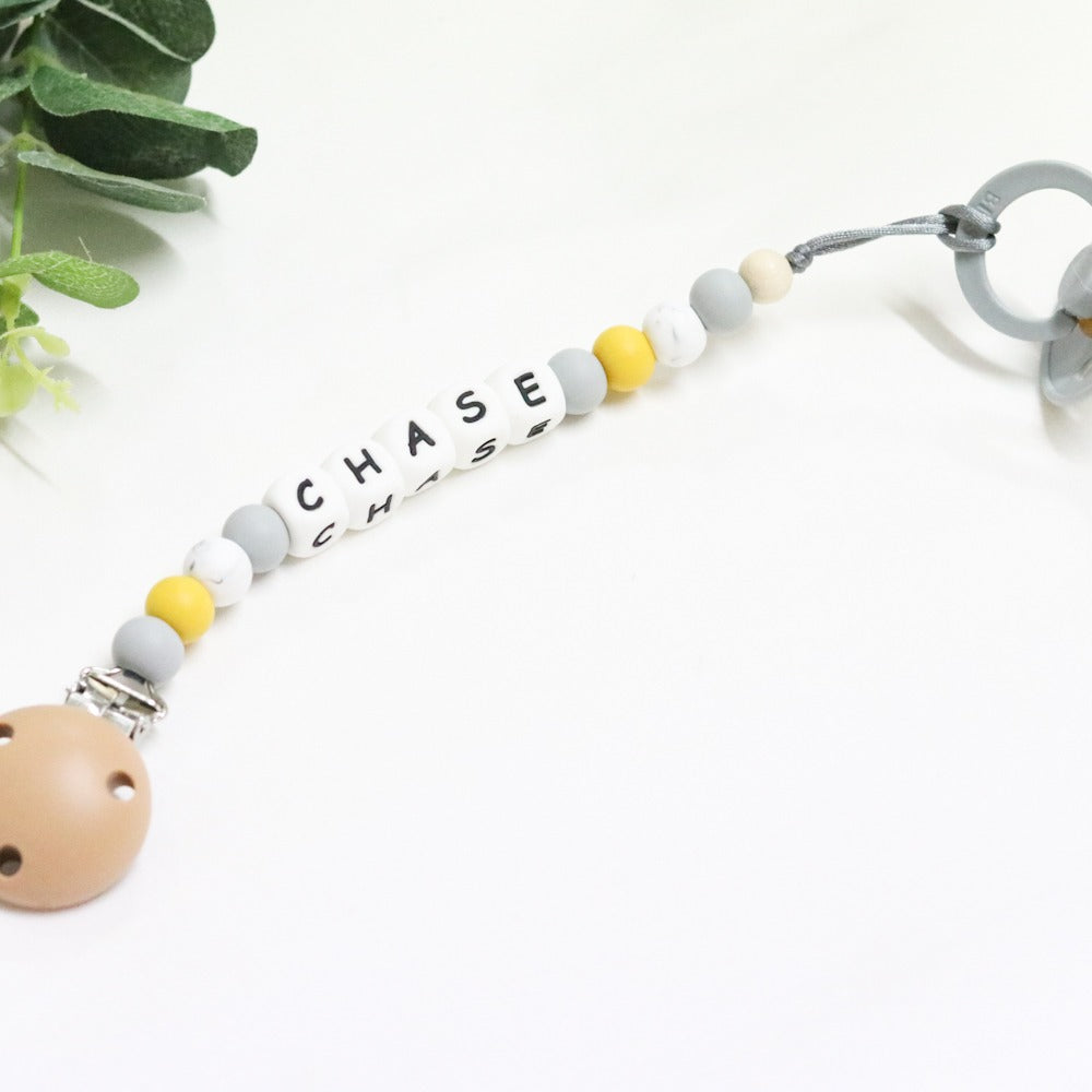 Dummy Clips Silicone Personalised Name Mustard, Light Grey & Marble