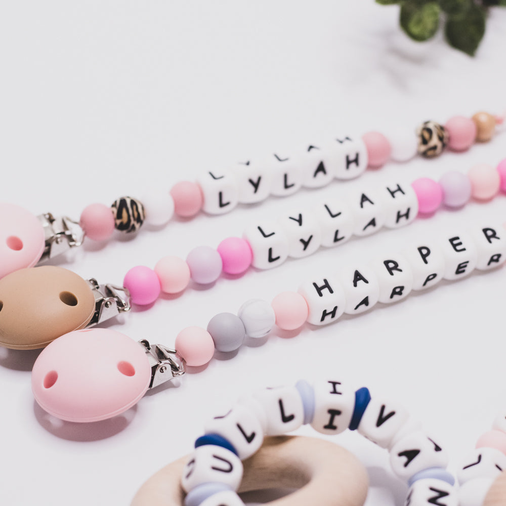 Personalised dummy clip dummy chain custom baby name announcement