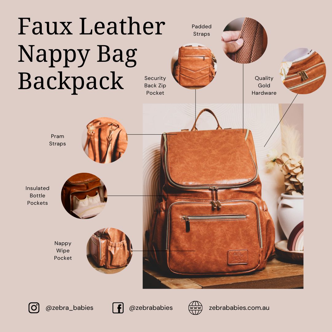 Faux Leather Nappy Bag Backpack - Luxe Tan Brown Our Faux Brown Leather Nappy Bag adds a sophisticated look to an everyday essential, stylish, functionality for everyday use. Nappy bag backpacks are an essential part of the babies haul when leaving the house – A Must have! An Amazing quality, so soft to touch, multi functional backpack, perfect for busy parents.