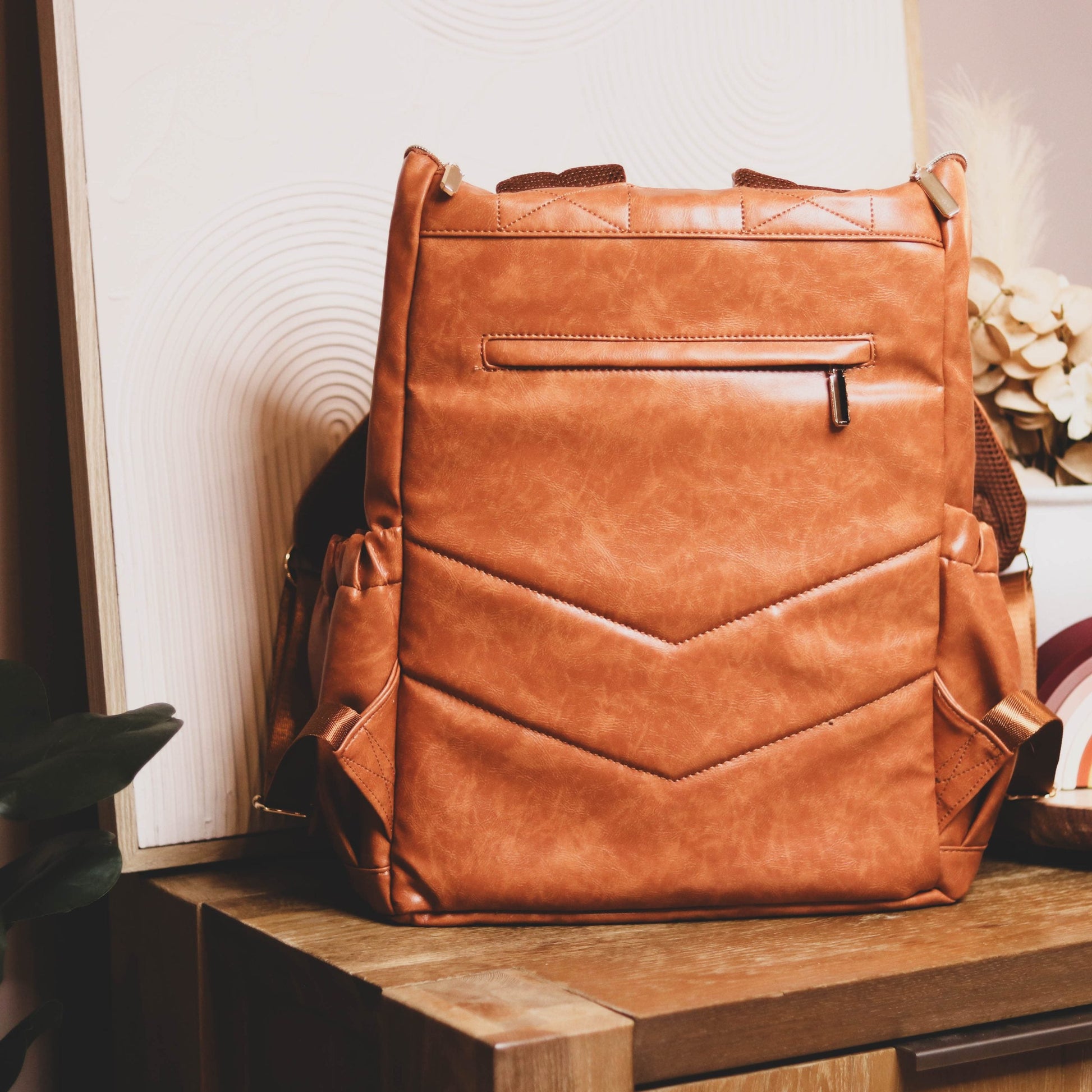 Faux Leather Nappy Bag Backpack Luxe Tan Brown