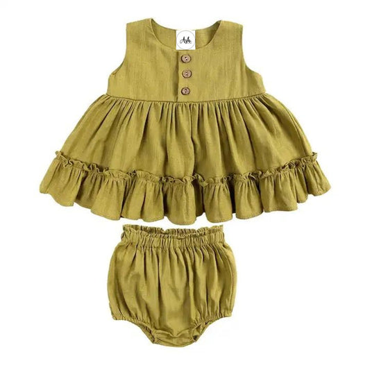 Linen Ruffle Dress Set - Goddess Green Gorgeous linen ruffle dress set