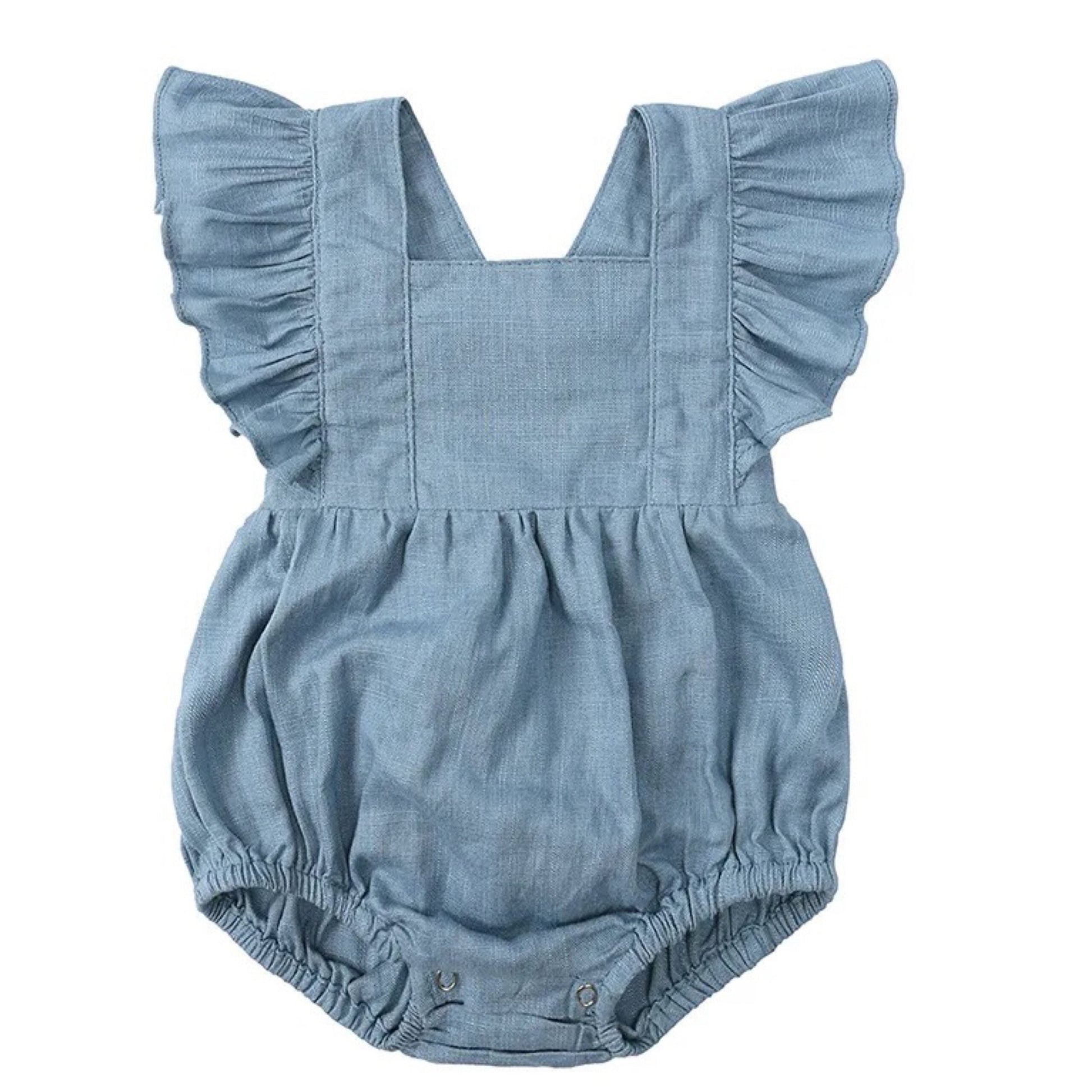 Linen Ruffle Romper - Blue Our adorable baby linen ruffle romper