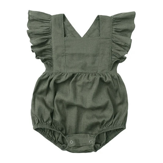 Linen Ruffle Romper - Olive Our adorable baby linen ruffle romper