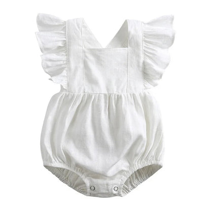 Linen Ruffle Romper - White Our adorable baby linen ruffle romper