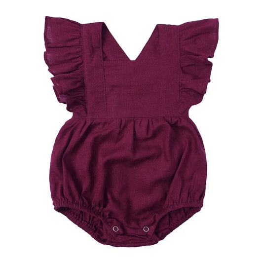 Linen Ruffle Romper - wine red purple Our adorable baby linen ruffle romper