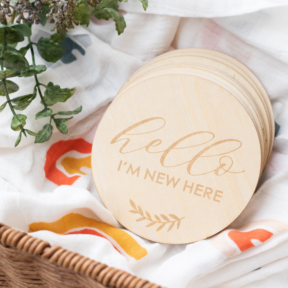 Milestone birth announcement Discs wooden - Hello World to 1 Year Old birth announcement discs cards