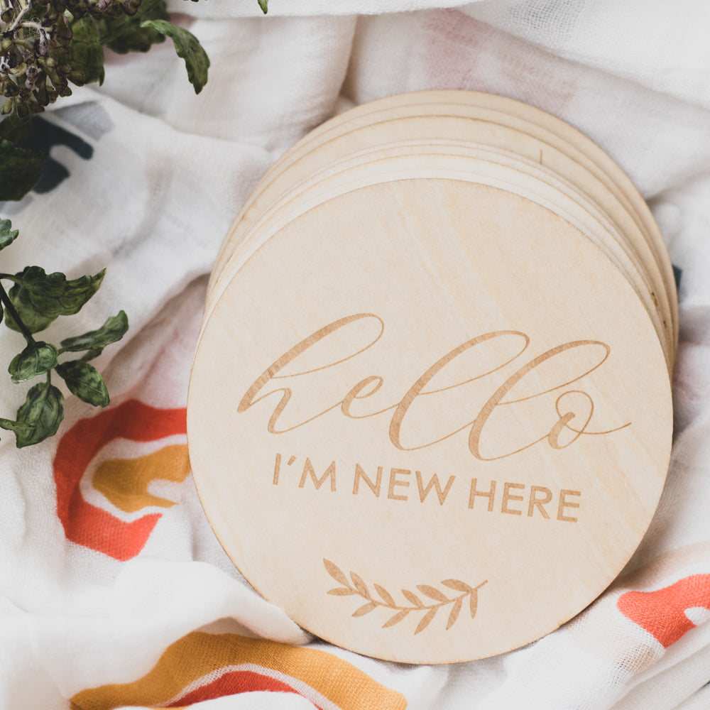 Milestone birth announcement Discs wooden - Hello World to 1 Year Old birth announcement discs cards