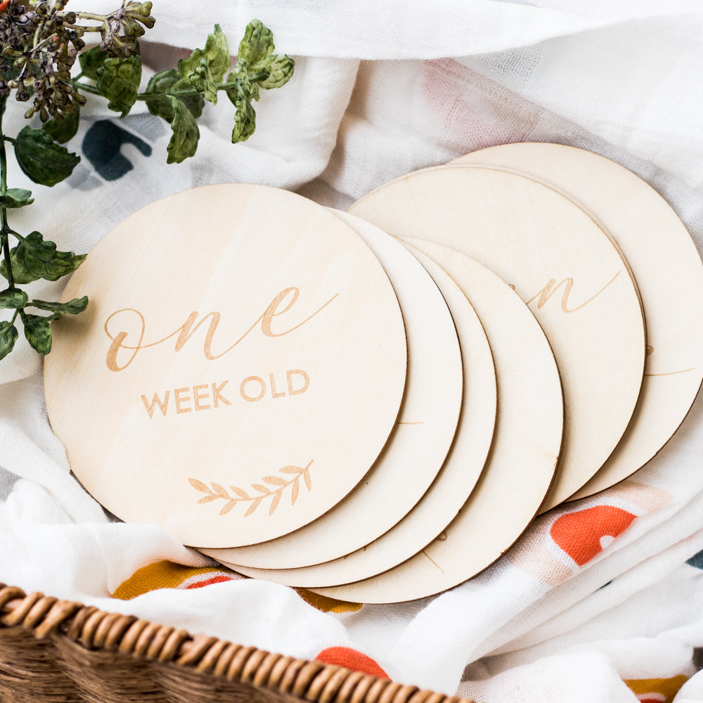 Milestone birth announcement Discs wooden - Hello World to 1 Year Old birth announcement discs cards