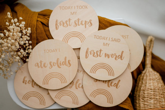 Milestone Discs - I'm New Here to My First wooden wood milestone baby discs