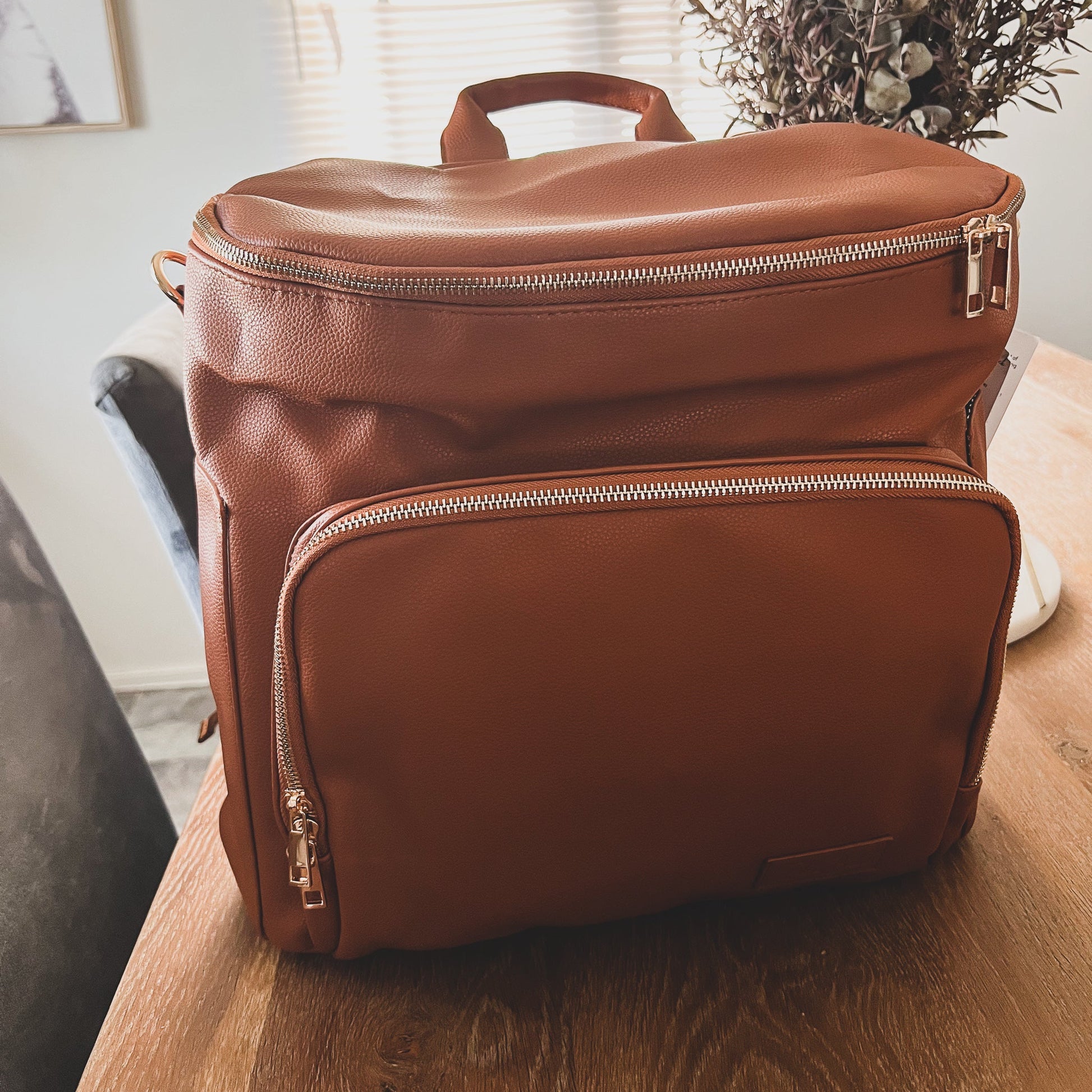 Nappy Bag Backpack Faux Leather Brown large baby bag for all babies needs