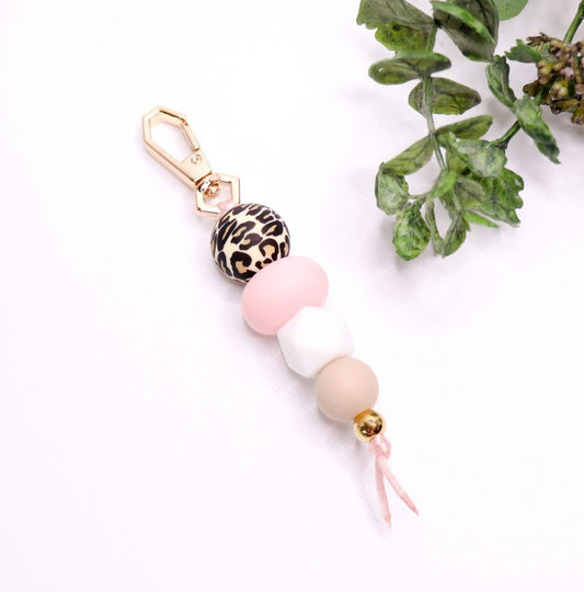Silicone Bead Keychain - Gold, Rose Quartz and Leopard silicone keychain lanyard silicone handmade keychain silicone bead keychain