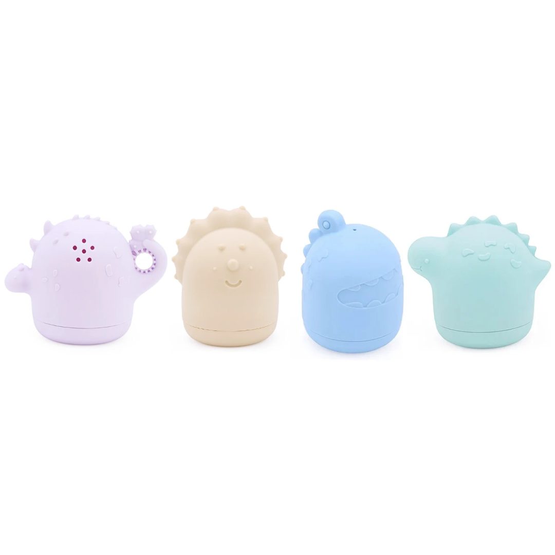 silicone dinosaur friends bath toys are not only fun to play with but they they are also cute and multifunctional too. Great for babies, toddlers and older kids too, and can also be used outside the bath as a teether. The purple dinosaur is great for bubble blowing, The cream triceratops has a round textured brush type, the green and blue dinosaurs have holes for skirting water. 