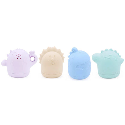 silicone dinosaur friends bath toys are not only fun to play with but they they are also cute and multifunctional too. Great for babies, toddlers and older kids too, and can also be used outside the bath as a teether. The purple dinosaur is great for bubble blowing, The cream triceratops has a round textured brush type, the green and blue dinosaurs have holes for skirting water. 