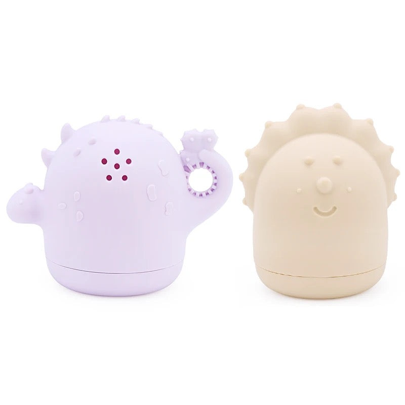 silicone dinosaur friends bath toys are not only fun to play with but they they are also cute and multifunctional too. Great for babies, toddlers and older kids too, and can also be used outside the bath as a teether. The purple dinosaur is great for bubble blowing, The cream triceratops has a round textured brush type, the green and blue dinosaurs have holes for skirting water. 