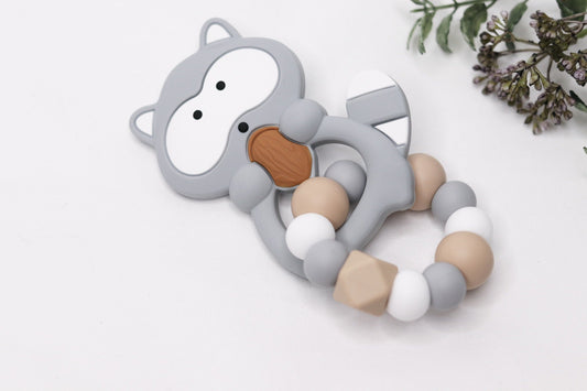 Silicone Raccoon Teether, Teething Ring - Light Grey