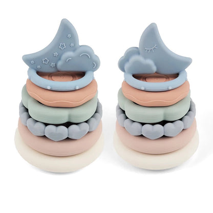 Silicone stacking Teething Rings teething toy - Moon silicone stacking rings - toy and teether in one. 6 gorgeous rings thats stack perfectly, each piece locks int