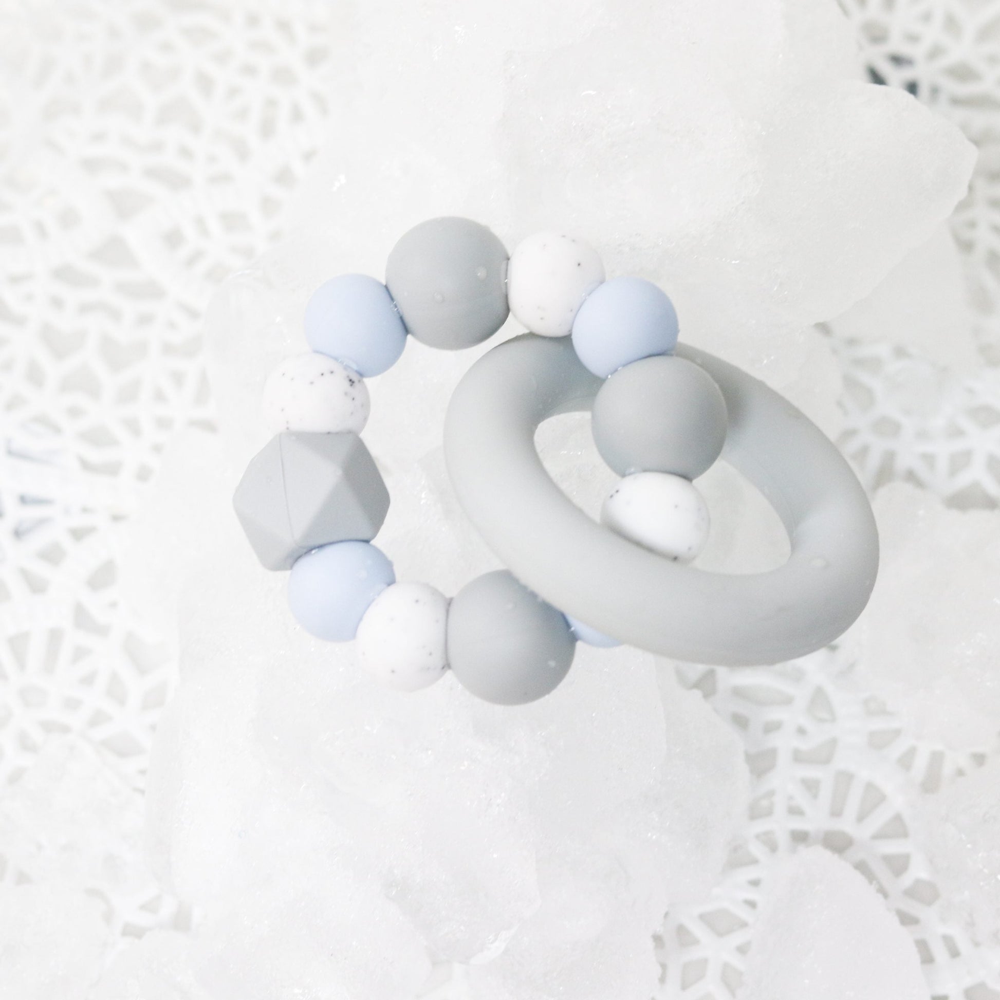 Silicone Teether Teething Ring Pastel Blue Light grey and Granite