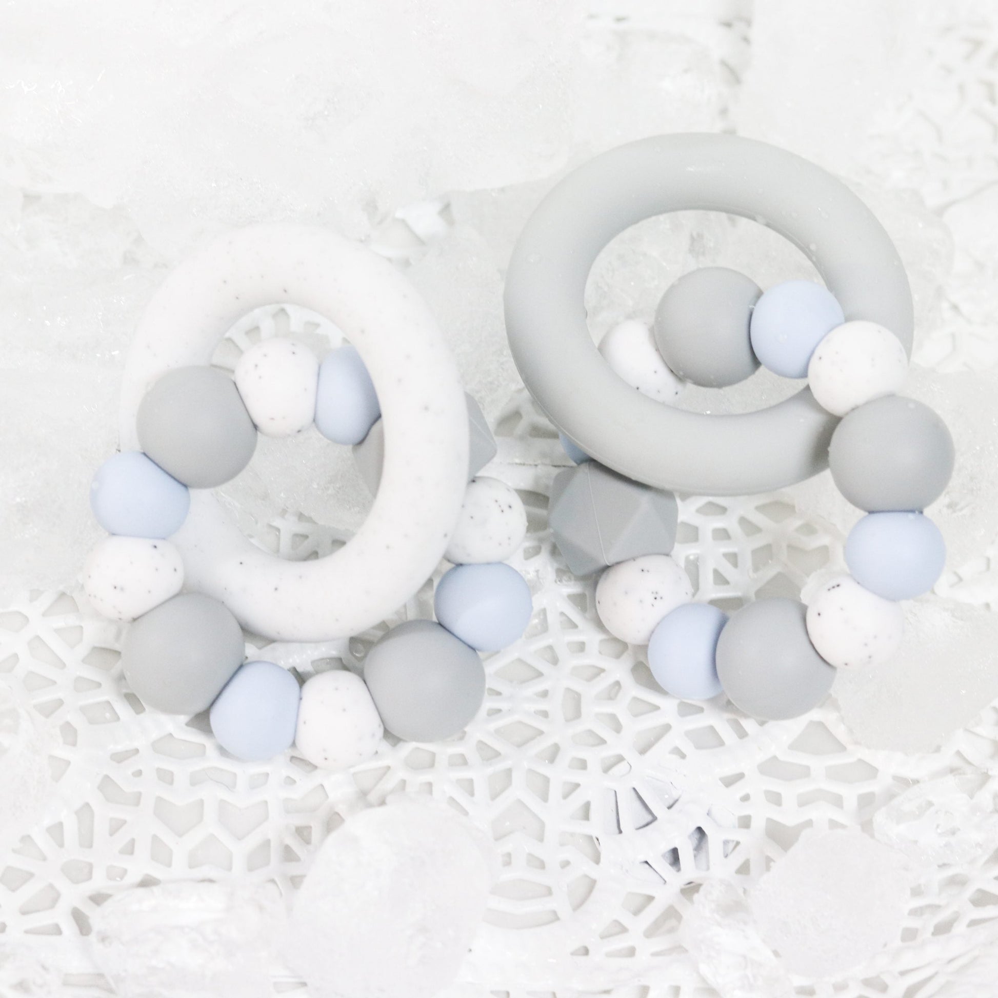 Silicone Teether Teething Ring Pastel Blue Light grey and Granite