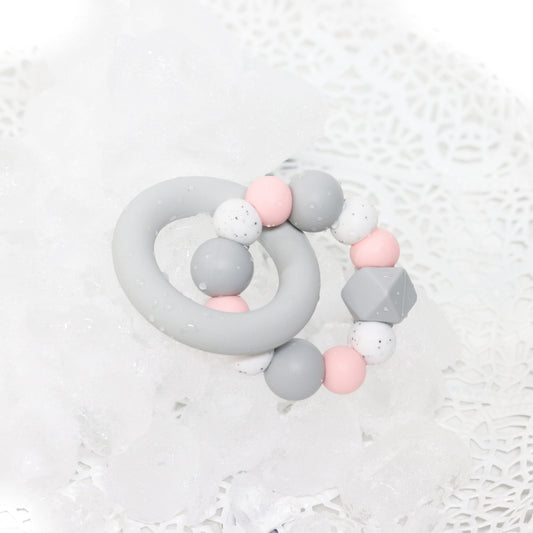 Silicone Teether Teething Ring Rose Quartz Granite and Light Grey