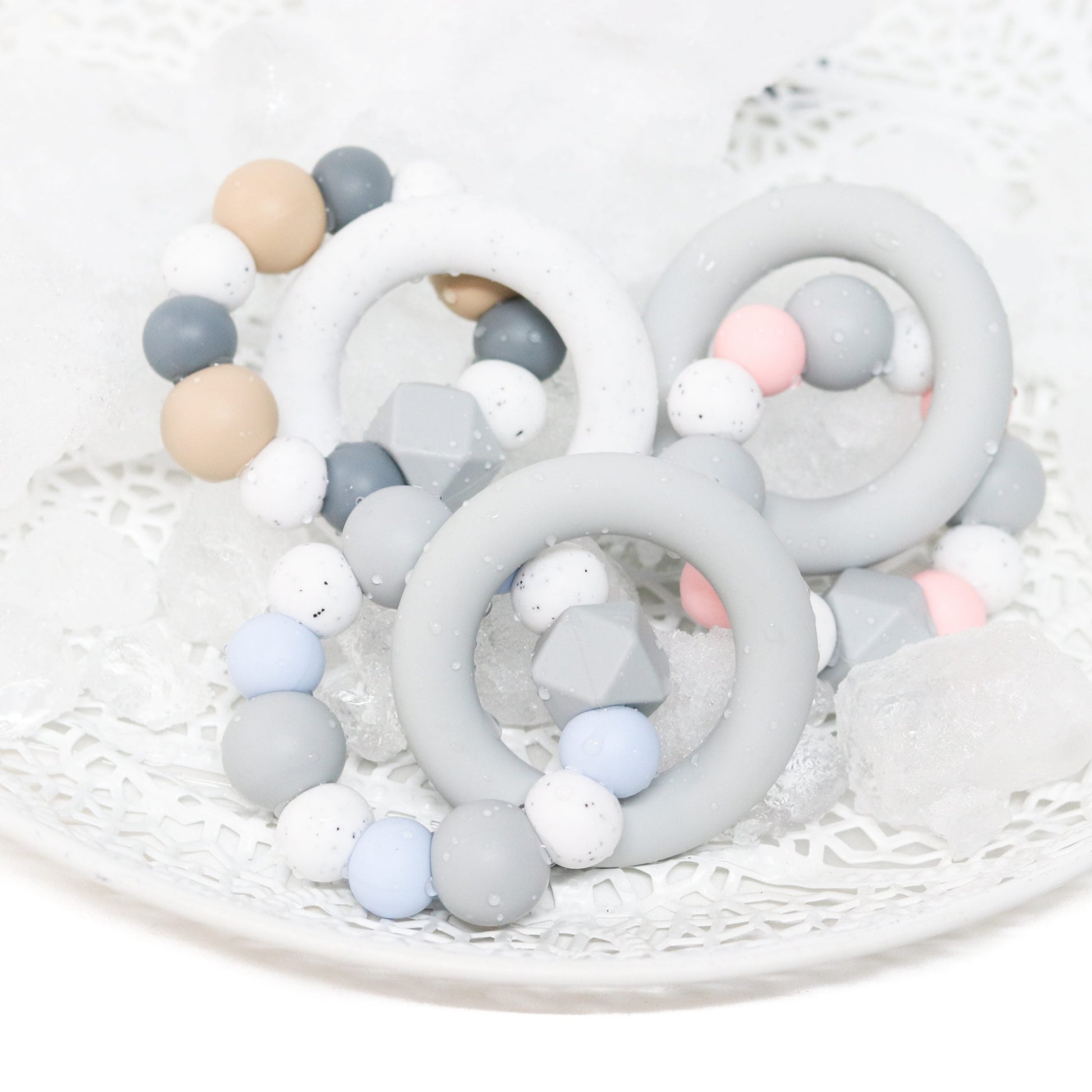Silicone Teether Teething Ring Rose Quartz Granite and Light Grey