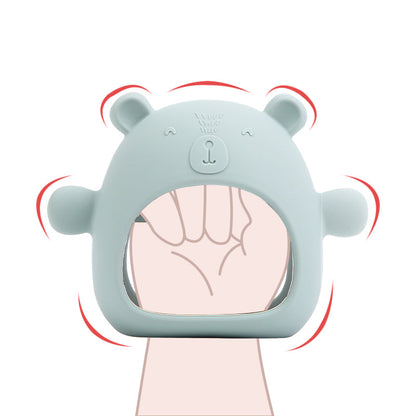 Teething Mitten Glove Silicone Bear - Teether Mitt Baby constantly chewing on hands, can't quite grasp objects just yet? These teething mitten gloves are perfect as a first Teether. Made from all silicone, they are light weight, easy to keep clean and perfect to sooth those gums. Slip over baby's hand for them to grasp the internal bar and watch baby self sooth those teething woes.  The Little bear ears and arms are textured on the back giving that extra soothing affect.