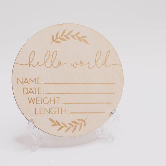 Birth Announcement Wood Plaque - Leaves wood birth announcement plaque hello baby wooden birth announcement disc natural nursery