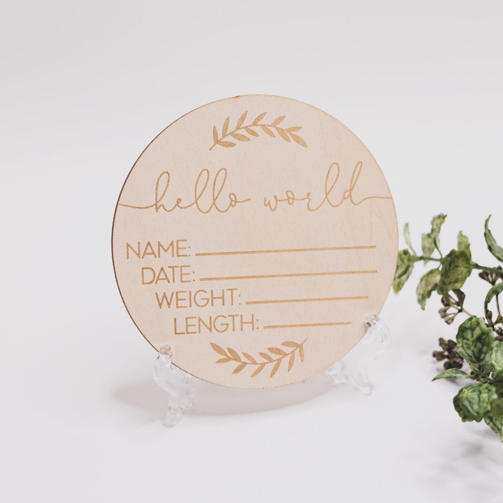 wood birth announcement plaque hello baby wooden birth announcement disc natural nursery