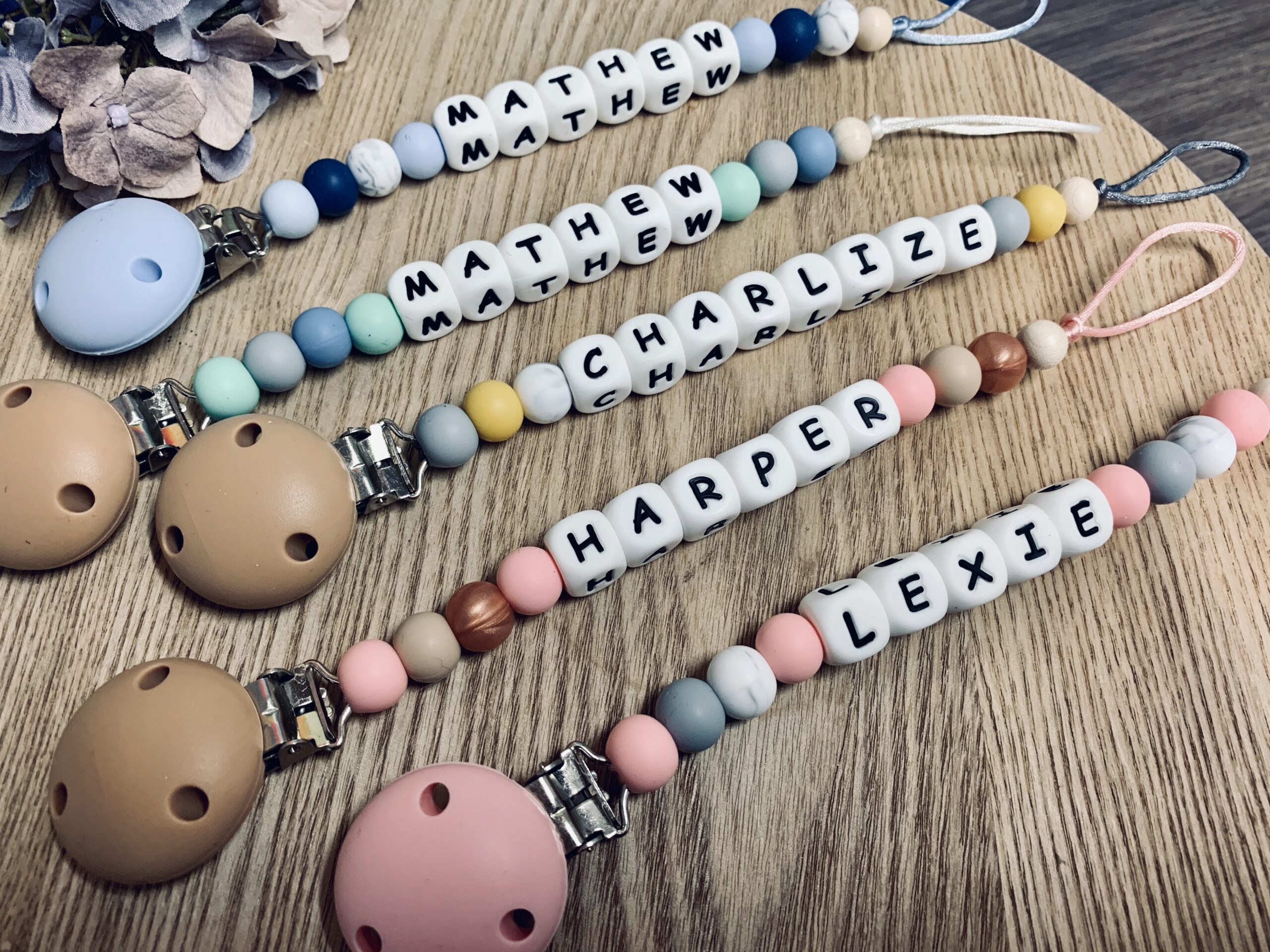 Personalised baby sale dummy clips