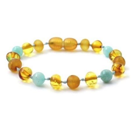 Amber Bracelet Honey Polished & RAW with Amazonite | Baby 14cm