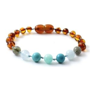 Amber bracelets Baby Amber Cognac, Labradorite, Aquamarine, Turquoise and Amazonite | 14cm