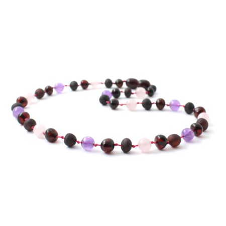 Amber Necklace Cherry Rose Quartz & Amethyst | Baby 32cm Our Amber necklaces imported directly from Lithuania, the home of Baltic Amber and the Baltic Sea, where they are beautiful handmade. Baltic Amber necklaces help with teething symptoms as well as looking great. 