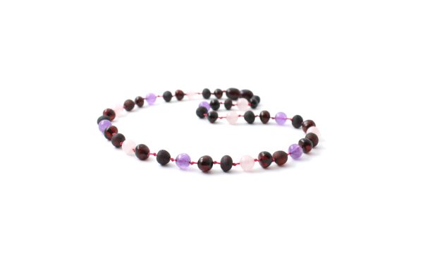 Amber Necklace Cherry Rose Quartz & Amethyst | Baby 32cm Our Amber necklaces imported directly from Lithuania, the home of Baltic Amber and the Baltic Sea, where they are beautiful handmade. Baltic Amber necklaces help with teething symptoms as well as looking great. 