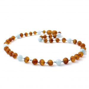 Amber NECKLACE Baby Cognac Raw & Aquamarine | 32cm