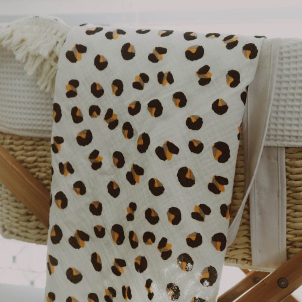 Swaddle Fringe Blankets Cotton 120cm x 100cm Beautiful leopard print. Soft to touch and gentle against the skin. Our muslin cotton blankets are ideal for swaddling, use as a pram cover, nursing cover, burp cloth or play mat. Measuring 120cm x 100cm and made from cotton muslin with the added fringe, these swaddles are breathable and their generous size makes swaddling easy.