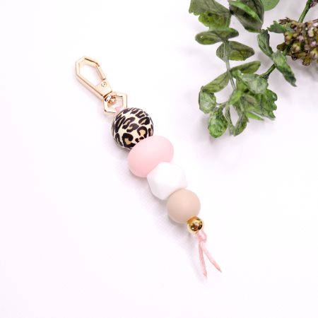 Silicone Bead Keychain - Gold, Rose Quartz and Leopard silicone keychain lanyard silicone handmade keychain silicone bead keychain