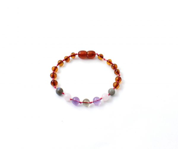 Amber Bracelet Cognac,Rose Quartz, Smoky Quartz, Labradorite and Amethyst | Baby 14cm