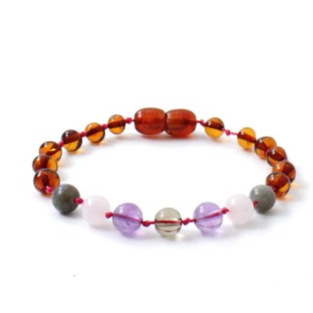 Amber Bracelet Cognac,Rose Quartz, Smoky Quartz, Labradorite and Amethyst | Baby 14cm