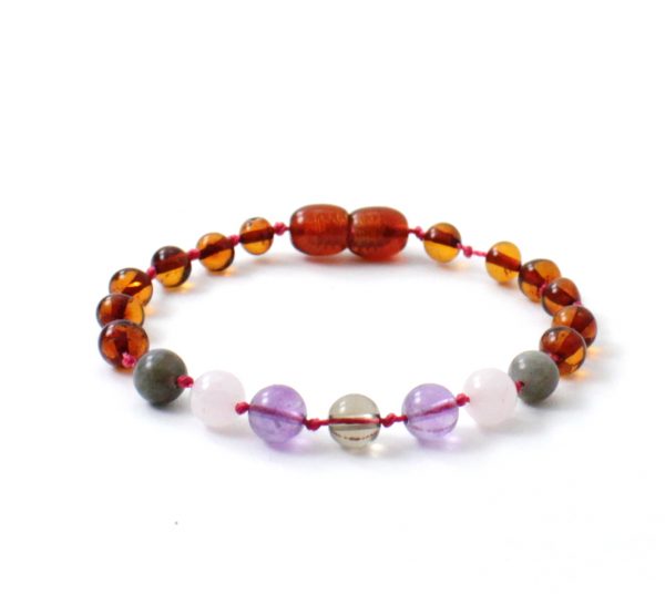 Amber Bracelet Cognac,Rose Quartz, Smoky Quartz, Labradorite and Amethyst | Baby 14cm