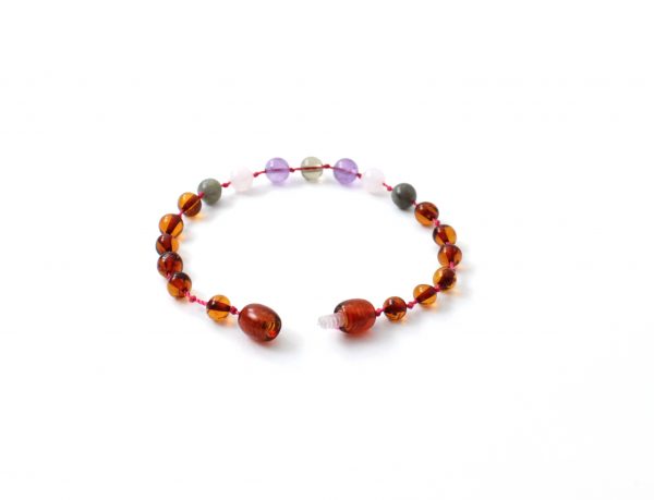 Amber Bracelet Cognac,Rose Quartz, Smoky Quartz, Labradorite and Amethyst | Baby 14cm